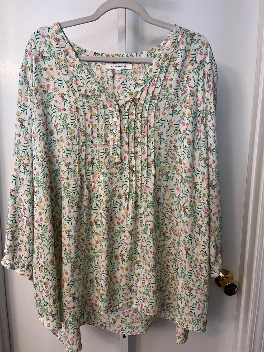 Rose & Olive Cream Floral Pintuck Peasant Top